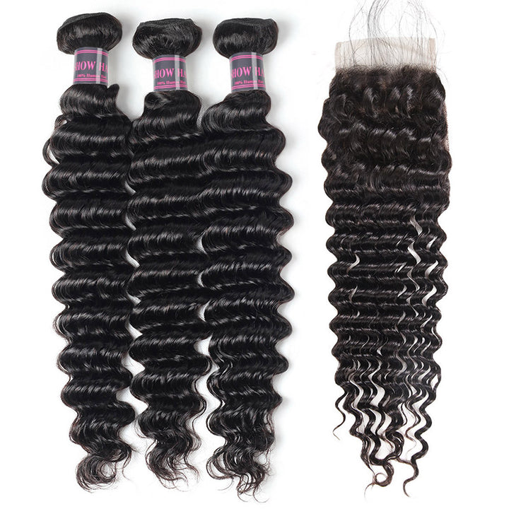 Peruvian Deep Wave Hair 3 Bundles with Lace Closure - IshowHair