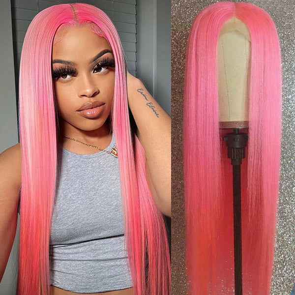 Model Wearing a Straight Pink Lace Front Wig With Natural Hairline