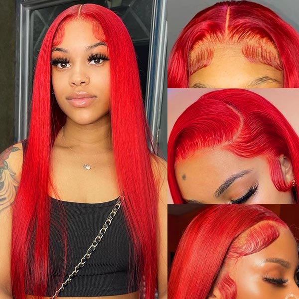Vibrant Red Body Wave Lace Frontal Wig On Model With Sleek Styling and Baby Hairs