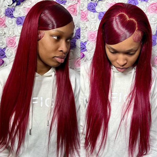 Sleek Long 99J Burgundy Lace Front Wig With Natural Hairline On Model