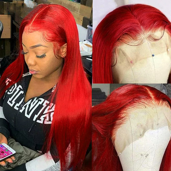 Red Wig Bone Straight 13x4 Lace Front Wigs 30 Inch Long HD Human Hair Wigs With Baby Hair