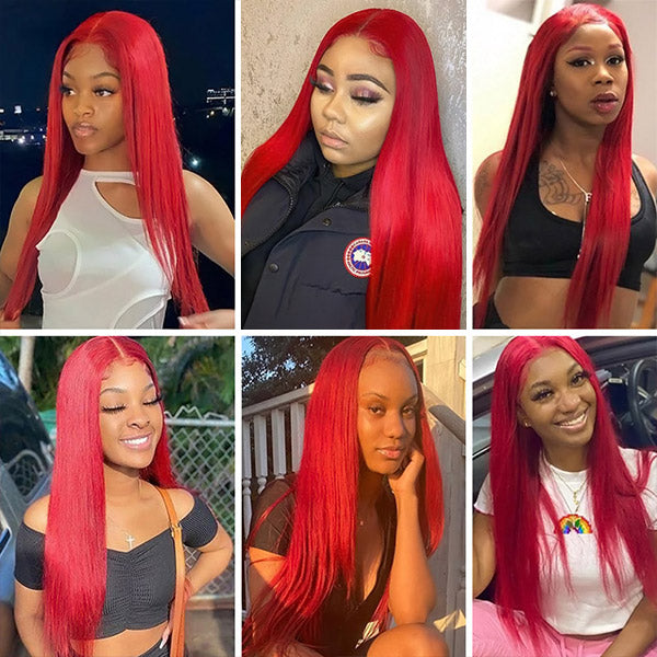 Red Wig Bone Straight 13x4 Lace Front Wigs 30 Inch Long HD Human Hair Wigs With Baby Hair