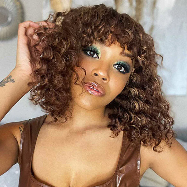 Curly Bob Wig With Bang Glueless Human Hair Wigs For Black Women Bob Highlight Wigs