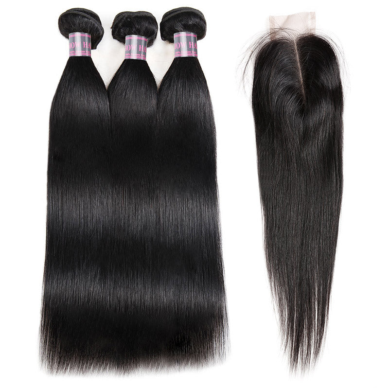 Brazilian Straight Hair Weave Ishow Remy Virgin Human Hair 3 Bundles with 2*4 Lace Closure - IshowVirginHair