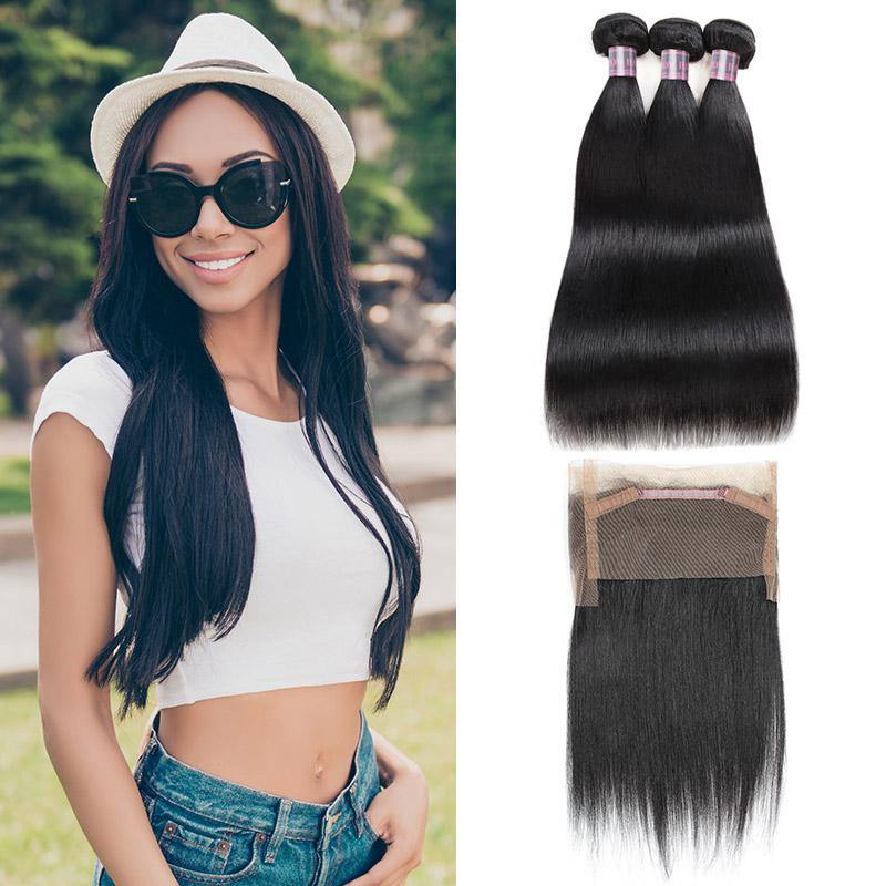 100% Virgin Remy Human Hair Bundles of Weft Indian Straight Natural Color 3 Bundles With 360 Lace Frontal Closure - IshowVirginHair