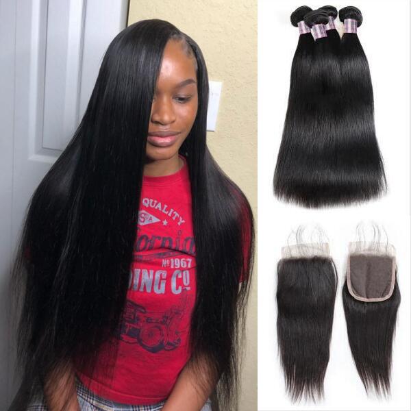 Ishow Virgin Peruvian Straight Human Hair 4 Bundles With Lace Closure - IshowHair