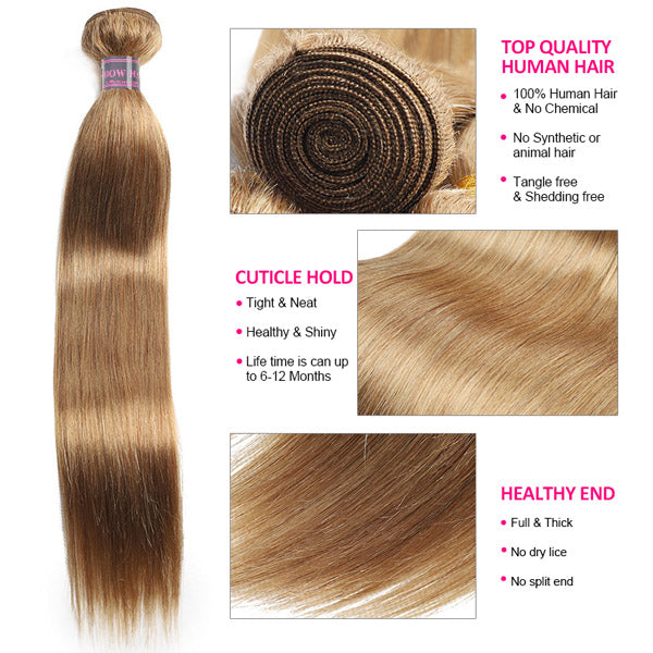 27# Honey Blonde Human Hair Bundles Straight Hair 3 Bundles With Lace Closure Color Hair Weave