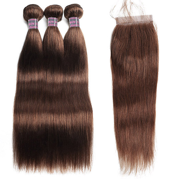 4# Color Hair Weave Bone Straight Hair Bundles With 4x4 Closure Brazilian Human Hair Bundles With Lace Closure