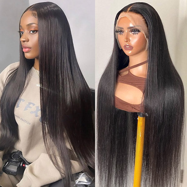 Woman wearing a Straight Lace Front Wig Human Hair Wig in a salon. She is seated in front of shelves holding hair care products. Wigs for Black Women available in lengths from 8 to 30 inches.