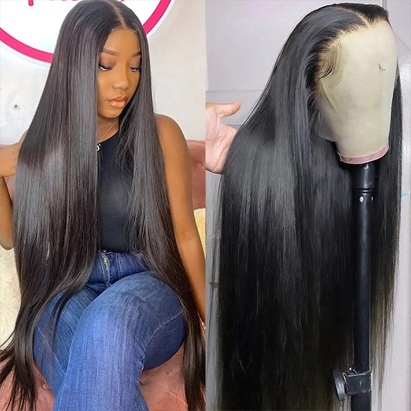 Woman modeling Ishow Glueless Lace Front Wig with straight, natural black human hair, 13x4 HD lace base, pre-plucked hairlines, and middle part style