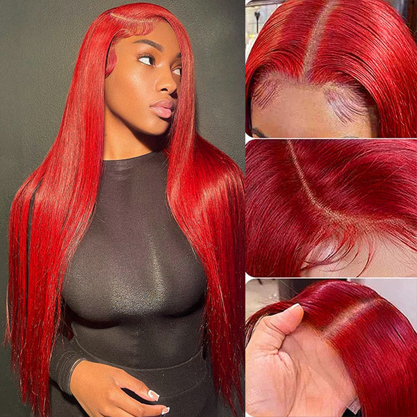 Red Wig Bone Straight 13x4 Lace Front Wigs 30 Inch Long HD Human Hair Wigs With Baby Hair