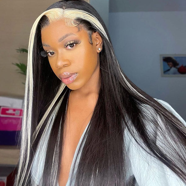 Model Wearing Skunk Stripe HD Lace Front Wig With Straight Hair and Highlights