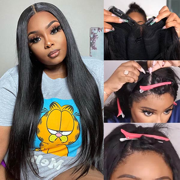 V part Human Hair No Leave Out Bone Straight Glueless Human Hair Wigs Side Part Lace Wigs With Baby Hair