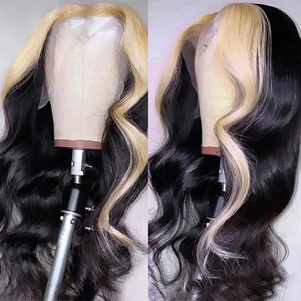 Skunk Stripe Hair Body Wave Front Wigs 30 Inch Lace Front Wigs With Baby Hair Colored Human Hair Wigs