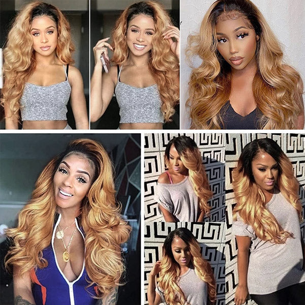 Ombre Honey Blonde Full Lace Wigs Body Wave Human Hair Wigs With Baby Hair 180% Density Colored Lace Front Wigs