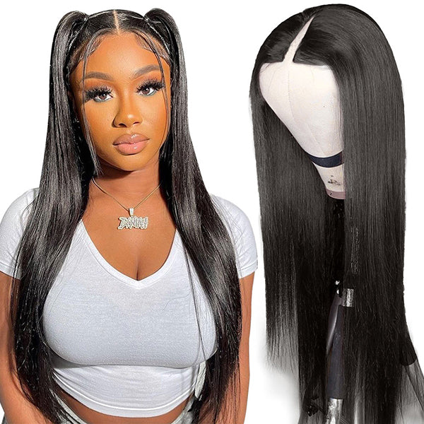 V part Human Hair No Leave Out Bone Straight Glueless Human Hair Wigs Side Part Lace Wigs With Baby Hair