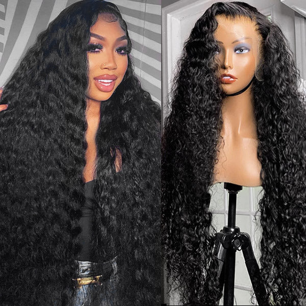 Ishow Pre Cut Lace Ready To Wear Glueless Wig in Water Wave style displayed on a mannequin and worn by a woman. The wig features a 4x4 lace closure, 30 inches of natural black human hair with a pre-plucked hairline.