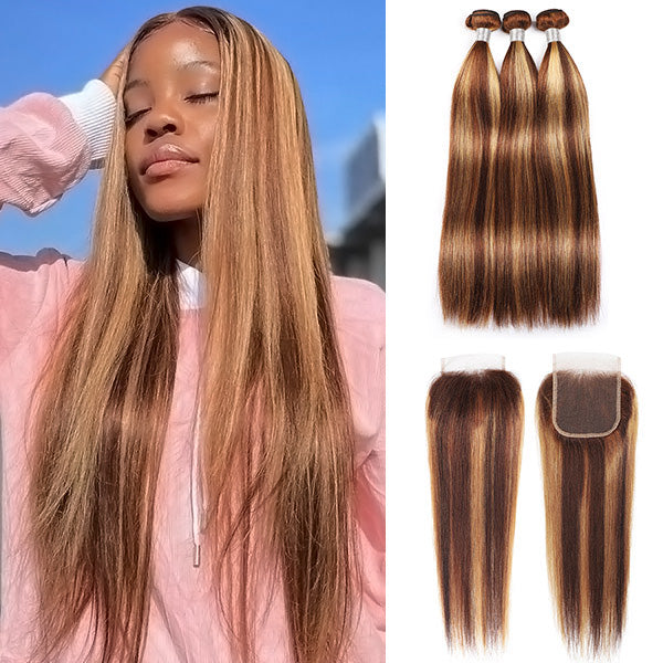 Peruvian P4/27 Honey Blonde Virgin Remy Straight Human Hair Weave 3 Bundles With 4x4 Lace Closure - IshowHair