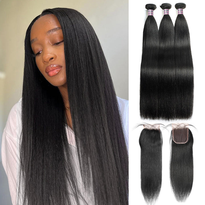 Ishow Yaki Straight 3 Bundles With 4x4 Lace Closure Brazilian Human Hair Bundles With Closure