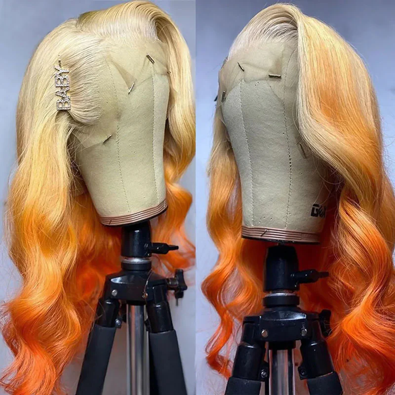 Ombre Orange and Blonde Body Wave Lace Front Wig On Mannequin Head