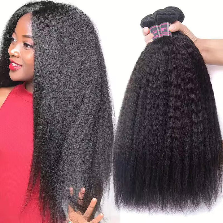 Ishow Beauty Kinky Straight Brazilian Yaki Human Hair Weave displayed by a woman and three bundles held by a hand, showcasing natural black color, soft and thick texture