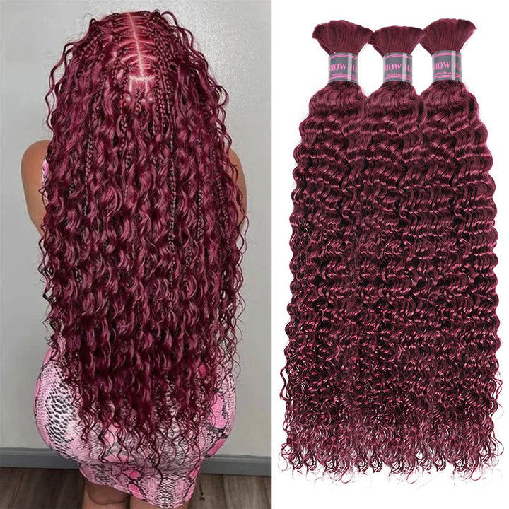 99J Burgundy Deep Wave Human Hair Extensions On Model With Braided Hairstyle