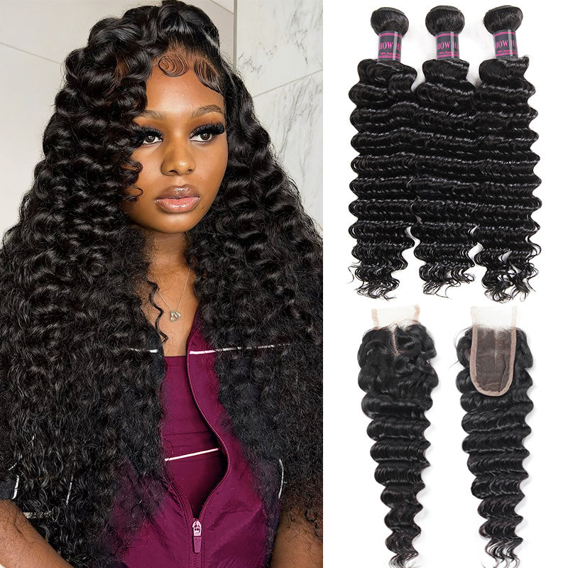 A Black woman with deep wave hair extensions displayed on a marble wall background