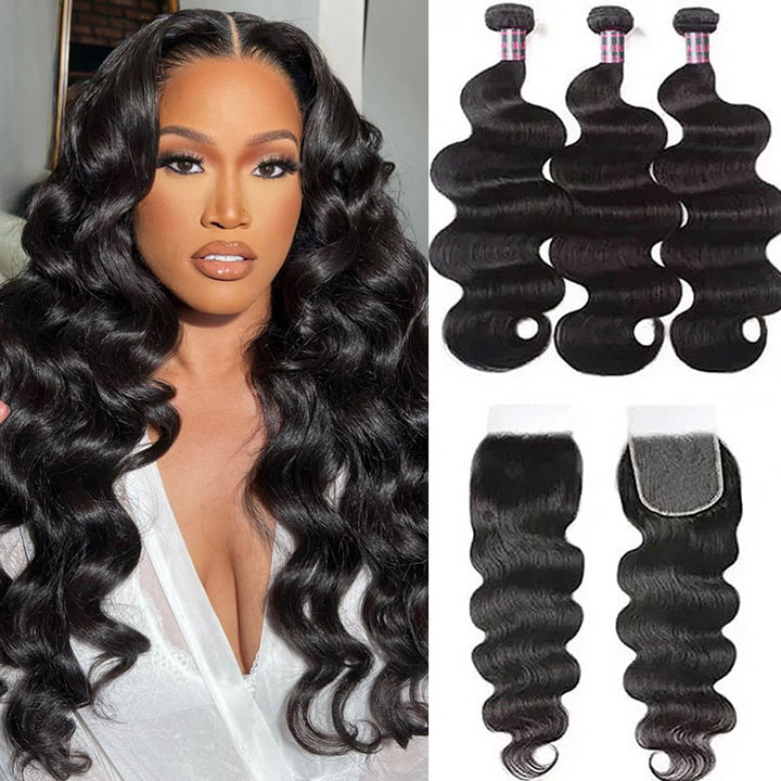 Model with long, voluminous body wave hair extensions in natural black color. Three bundles of body wave hair and a 5x5 lace closure displayed alongside.