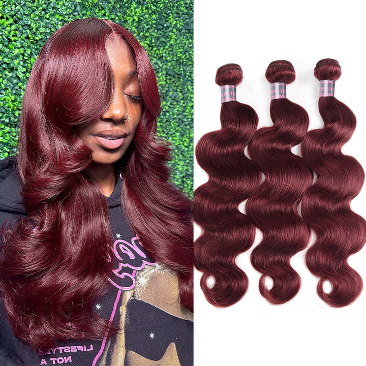 Model with long wavy burgundy #99J human hair next to three bundles of Ishow Burgundy body wave hair, highlighting the rich color and wave texture of the Peruvian hair weave