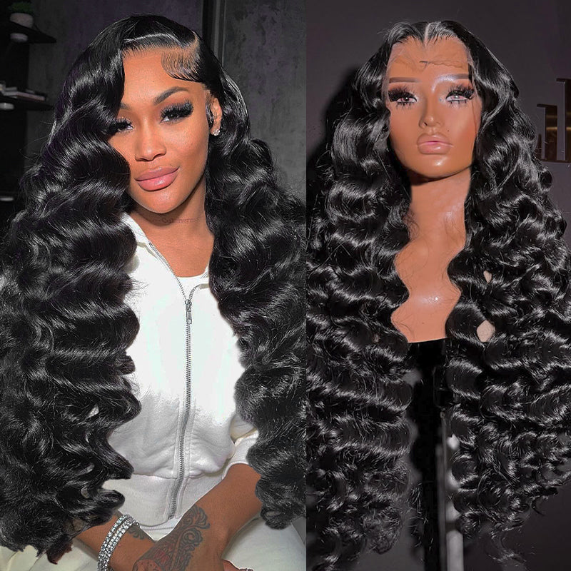 Model wearing 30 Inch 13x6 HD Loose Deep Wave Lace Front Wig in Natural Black Color, showcasing different angles and styles in a modern