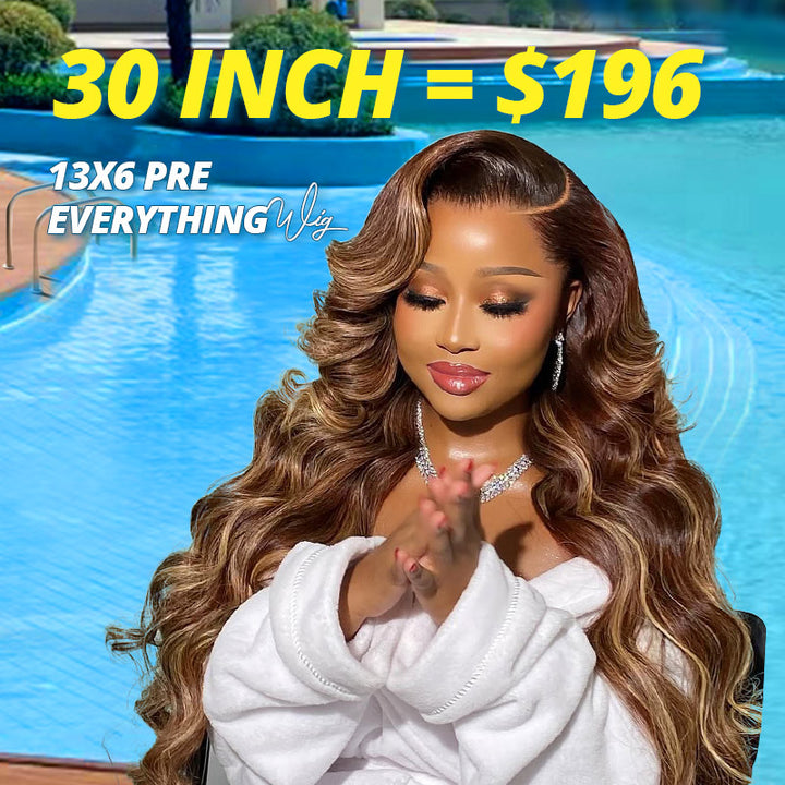 Woman with p4/27 13x6 body wave wiga gainst a blue background