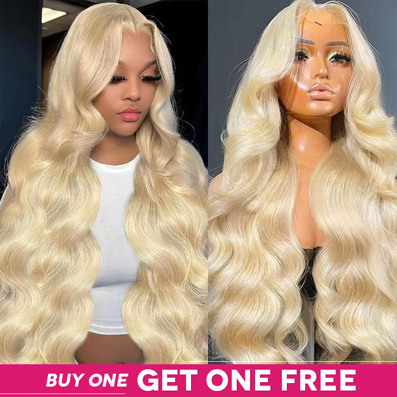 613 blonde HD lace frontal wig with body wave texture, displayed on a mannequin and worn by a person. Special offer: Buy One, Get One Free.
