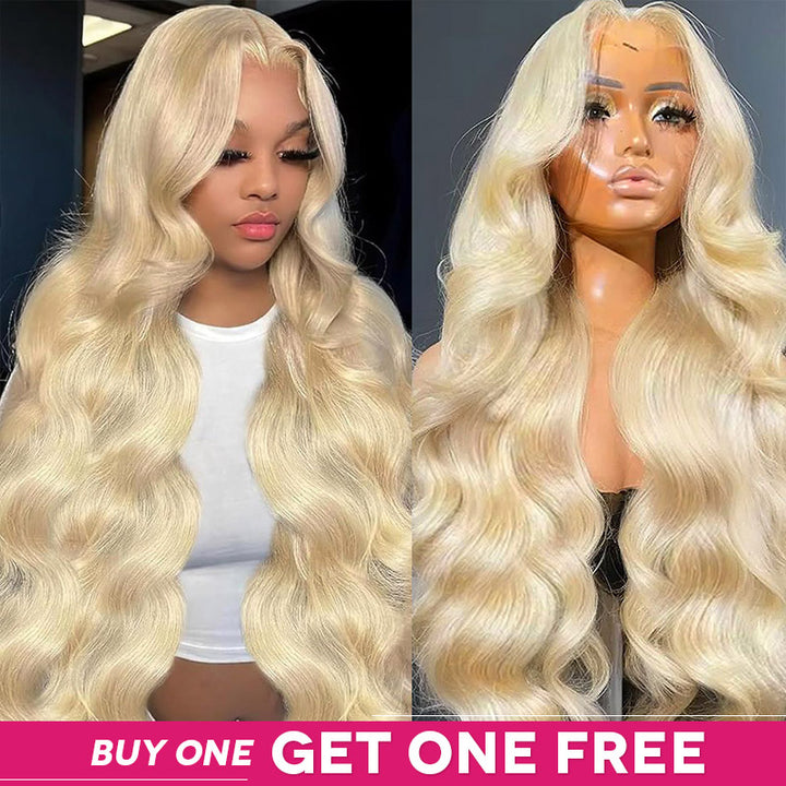 613 blonde HD lace frontal wig with body wave texture, displayed on a mannequin and worn by a person. Special offer: Buy One, Get One Free.