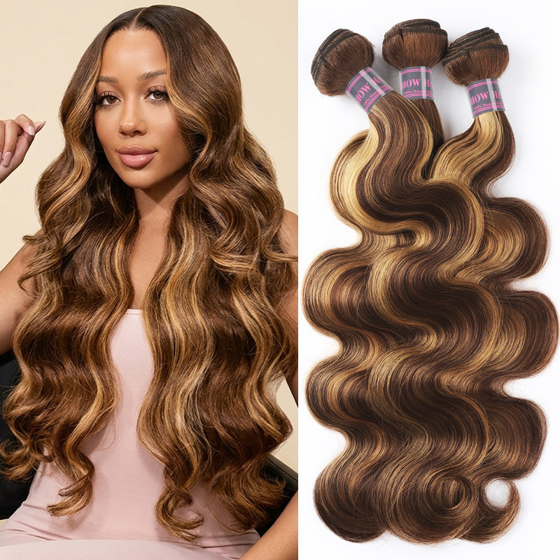 Woman With P4/27 Body Wave Hair And Hair Extensions On A Beige Background