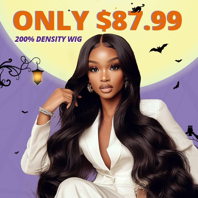 Woman with body wave glueless wig on pink background with text saying"200 density only $87.99"