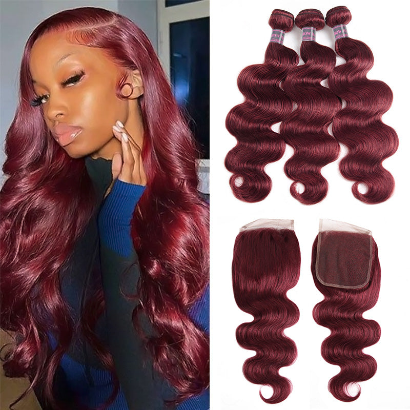 The Complete 99J Burgundy Dream! Get this stunning 3-Bundle set with a 5x5 lace closure for the ultimate, ready-to-install luxurious look.