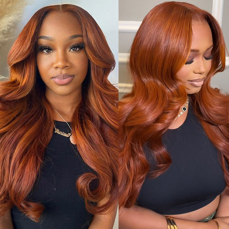 Woman with long dark copper ginger brown loose body wave hair wearing Ishow PPB™ HD Lace Glueless Human Hair Wig, showing off a natural and seamless hairline.