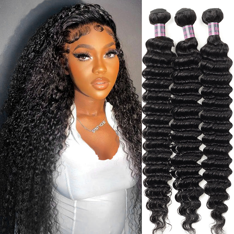 Woman wearing long deep wave curly hair extensions in natural black color, alongside a close-up view of a deep wave hair bundle.