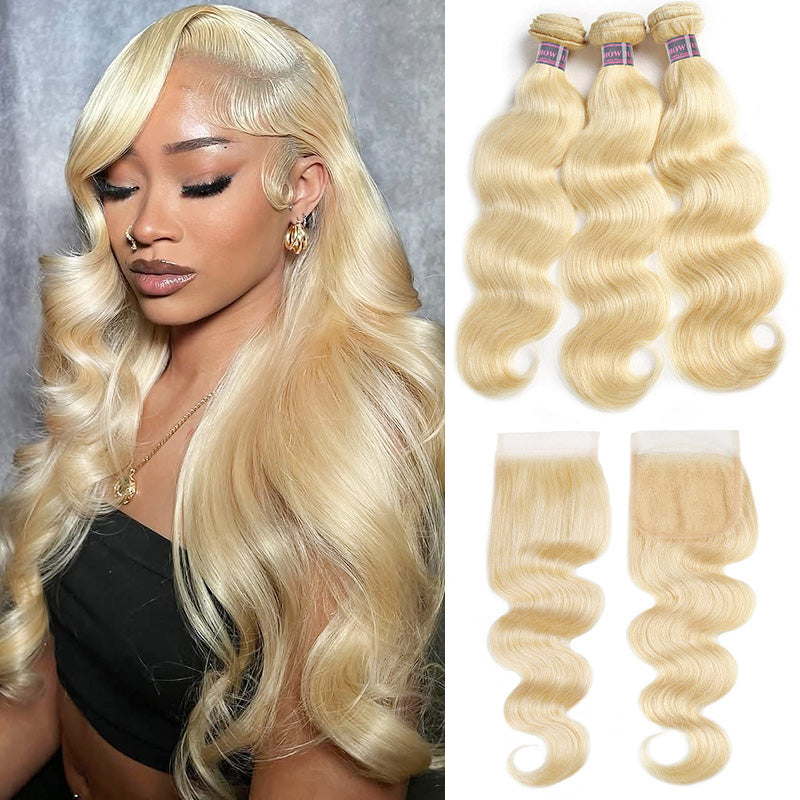Ishow Hair 613 blonde body wave hair extensions, with three bundles and two lace closures, worn by a woman with long, wavy hair.