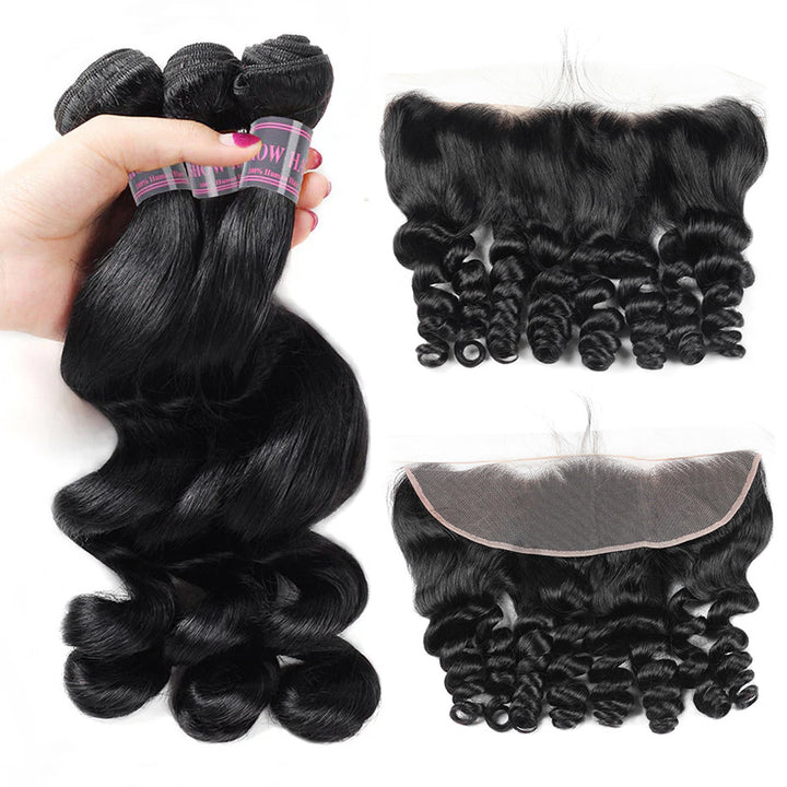 Peruvian Hair Loose Wave 3 Bundles with 13x4 Ear to Ear Lace Frontal