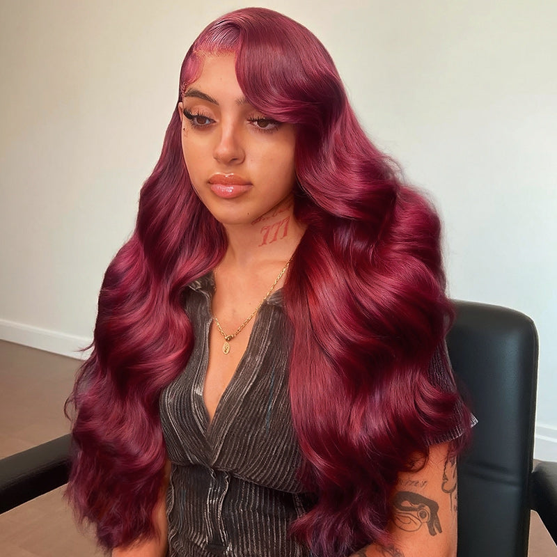 Woman With 99J Color Body Wave Lace Frontal Wig