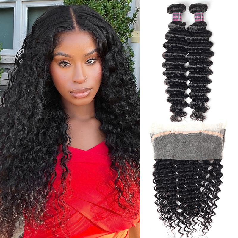 Virgin Brazilian Hair Deep Wave Hair 2 Bundles With 360 Lace Frontal