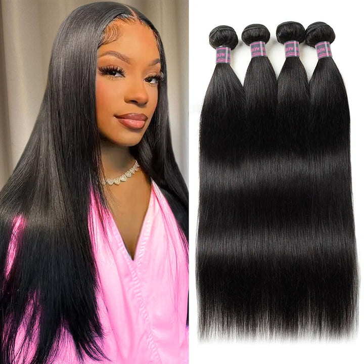 Woman with long, straight black hair wearing a pink top, next to four bundles of Ishow Hair Brazilian Straight Hair Weave Remy Human Hair Extensions.