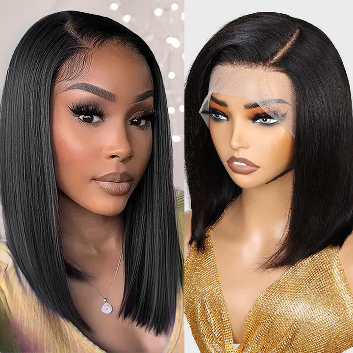 Woman wearing Ishow Glueless Straight Bob Wig with 13x4 HD Lace Frontal in natural black, showcasing the pre-plucked hairline and pre-cut lace with close-up detail.