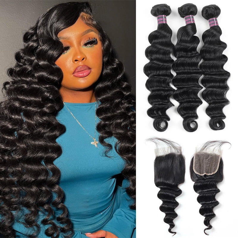 Wavy Jet Black Hair Bundles With a Lace Closure, Showcased By a Smiling Woman
