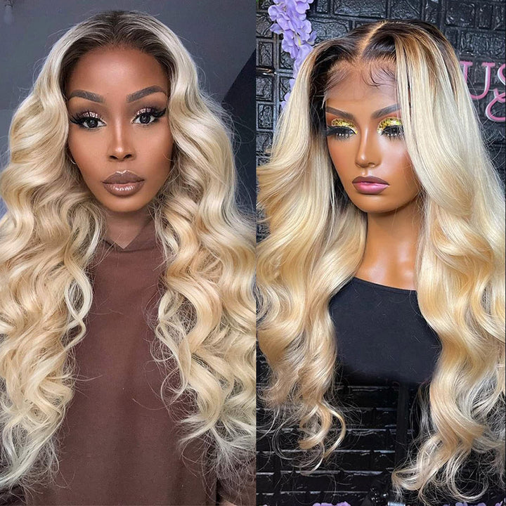 Honey Blonde Ombre 13x4 Lace Front Wig in Body Wave style shown on woman and on mannequin head. Natural-looking hairline, 1B and 613 colored hair, perfect for adding volume and texture.