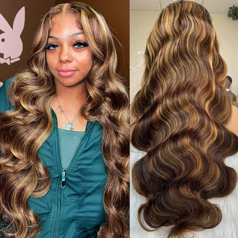 Honey Blonde Highlight Wig 13x4 Lace Front Wig Body Wave Lace Frontal Human Hair Wigs P4/27