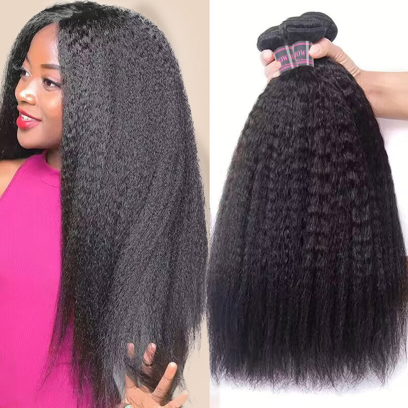 Ishow Beauty Kinky Straight Brazilian Yaki Human Hair Weave displayed by a woman and three bundles held by a hand, showcasing natural black color, soft and thick texture