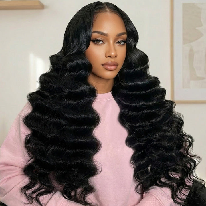Woman With Long Loose Deep Wave Wig Wearing A Pink Sweater Indoors.