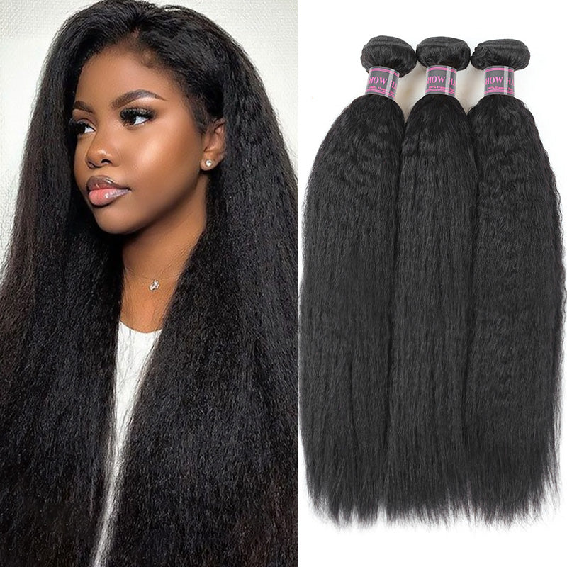 Woman with voluminous kinky straight hair styled using Ishow Kinky Straight Human Hair Bundles in natural black, showcasing the realistic texture and fullness of the hair.
